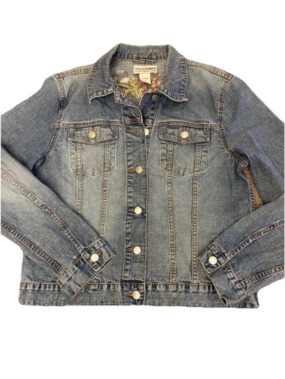 VTG Victoria’s Secret London Jean Denim Jacket L Floral Embroidered Y2K 90s Boho